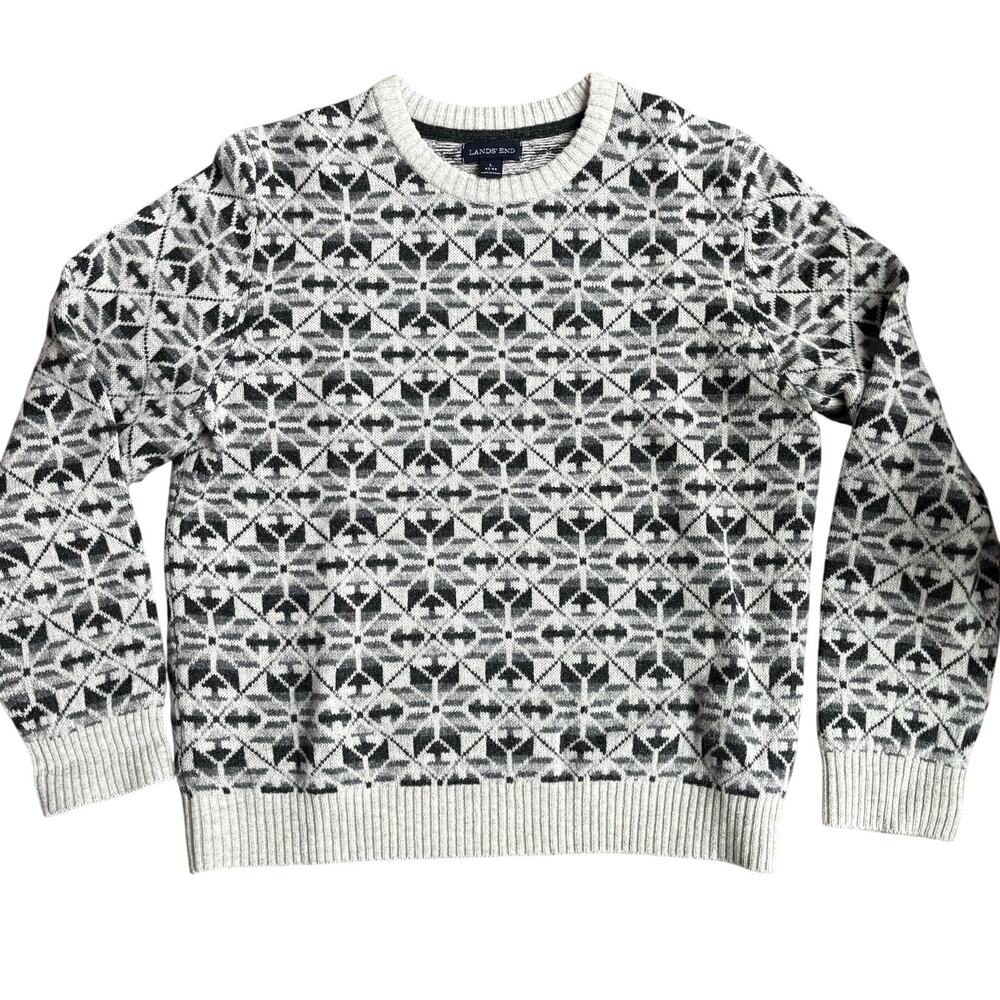 Lands' End 100% lambs wool pullover sweater size L gray tones Fair Isles style